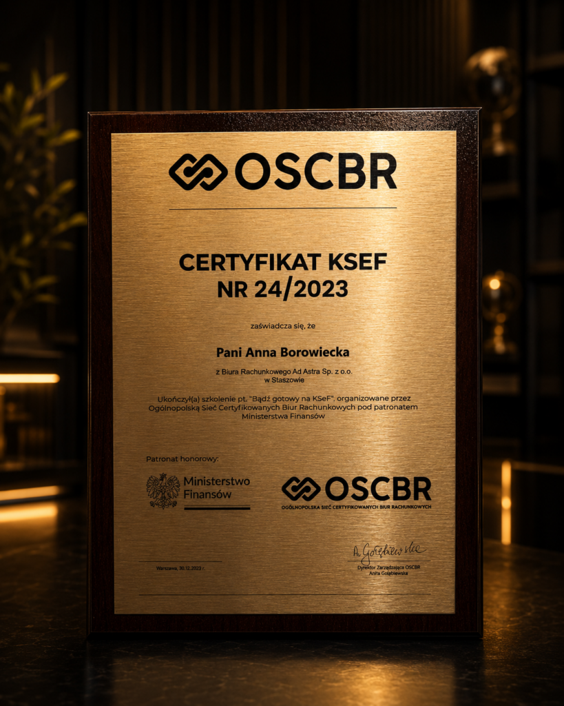 Certyfikat KSeF OSCBR dla Anny Borowieckiej z Biura Rachunkowego Ad Astra w Staszowie