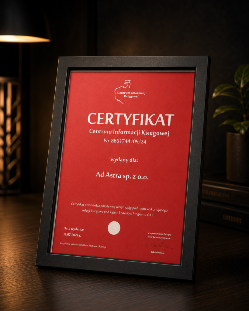 Certyfikat Centrum Informacji Księgowej dla Biura Rachunkowego Ad Astra
