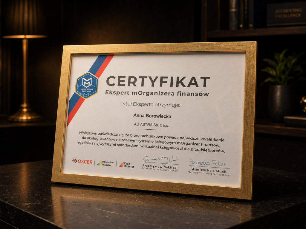 Certyfikat Eksperta mOrganizera finansów dla Anny Borowieckiej z Ad Astra